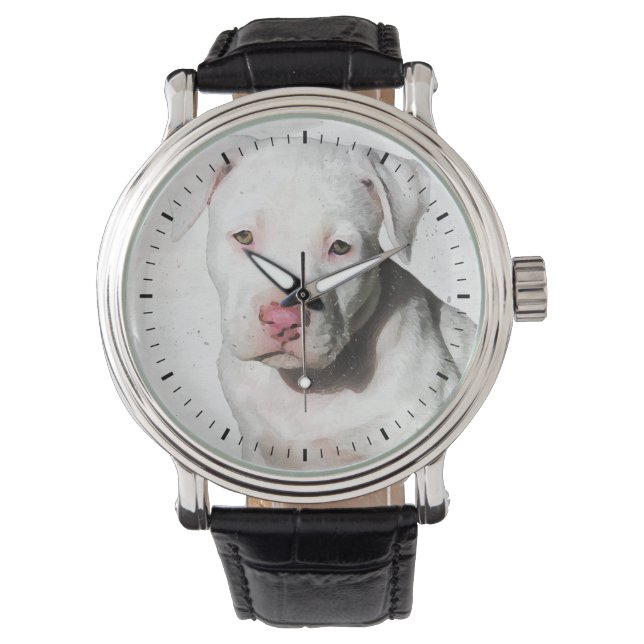 White Pitbull Puppy Watercolor Black Tick Marks Watch (Front)