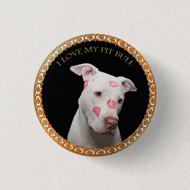 White pitbull with red kisses all over his face. 3 cm round badge (Front)