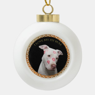 White pitbull with red kisses all over his face. ceramic ball christmas ornament