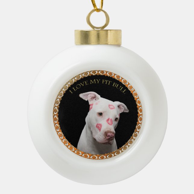 White pitbull with red kisses all over his face. ceramic ball christmas ornament (Front)
