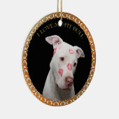 White pitbull with red kisses all over his face. ceramic tree decoration (Right)