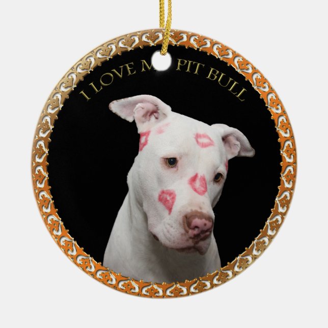 White pitbull with red kisses all over his face. ceramic tree decoration (Front)