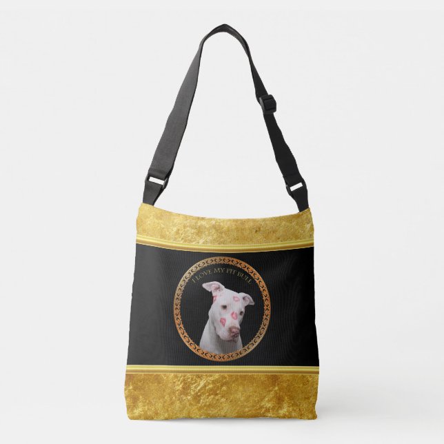 White pitbull with red kisses all over his face. crossbody bag (Front)