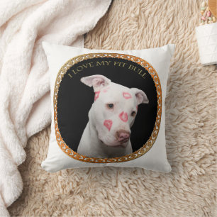 White pitbull with red kisses all over his face. cushion