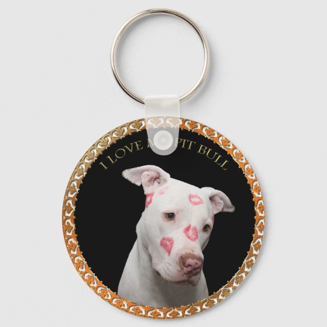 White pitbull with red kisses all over his face. key ring (Front)