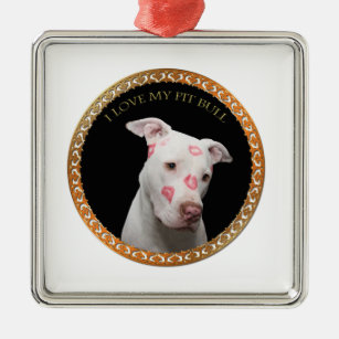 White pitbull with red kisses all over his face. metal tree decoration