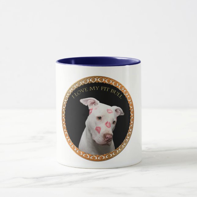 White pitbull with red kisses all over his face. mug (Center)