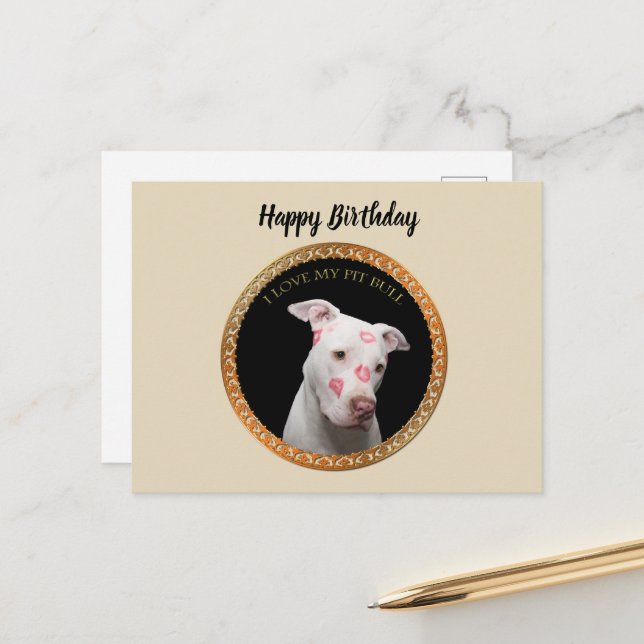 White pitbull with red kisses all over his face. postcard (Front/Back In Situ)