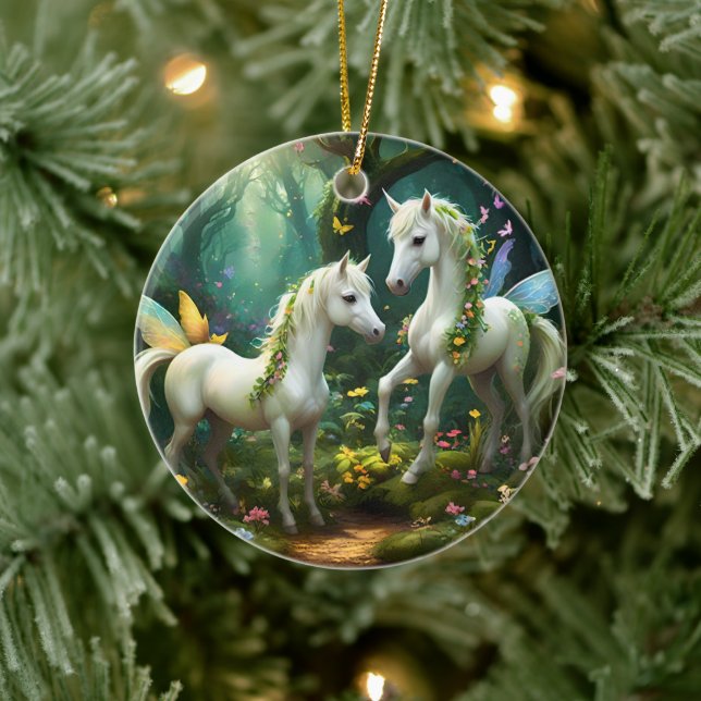 White Pixie Fantasy Horses In Magical Garden, Ceramic Tree Decoration (Tree)