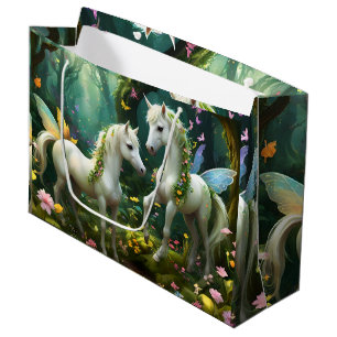 White Pixie Fantasy Horses In Magical Garden, Large Gift Bag