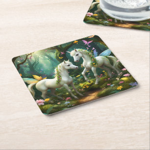 White Pixie Fantasy Horses In Magical Garden, Square Paper Coaster