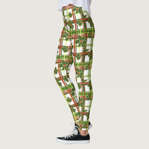 White Plaid Holly Berries Christmas Leggings