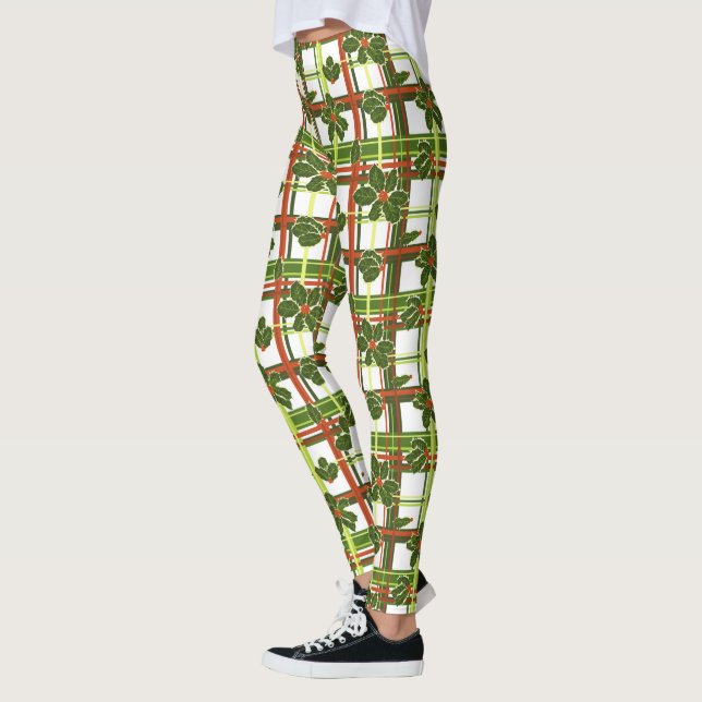 White Plaid Holly Berries Christmas Leggings (Left)