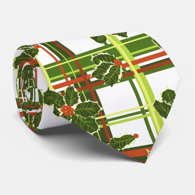 White Plaid Holly Berries Christmas Tie (Rolled)
