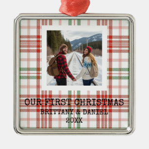 White Plaid Our First Christmas Metal Tree Decoration