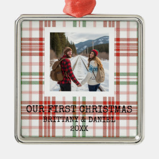 White Plaid Our First Christmas Metal Tree Decoration