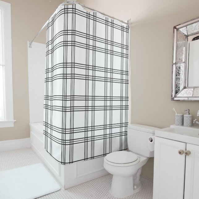 White Plaid Tartan With Black Lines Shower Curtain (In Situ)