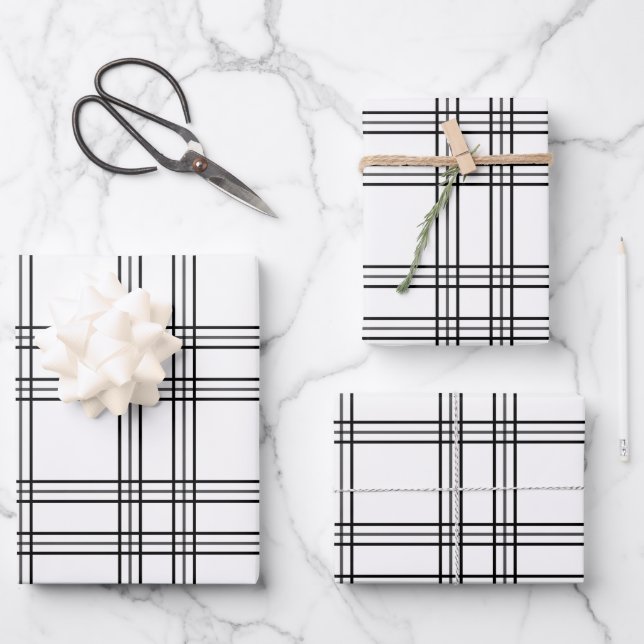 White Plaid Tartan With Black Lines Wrapping Paper Sheet (Front)