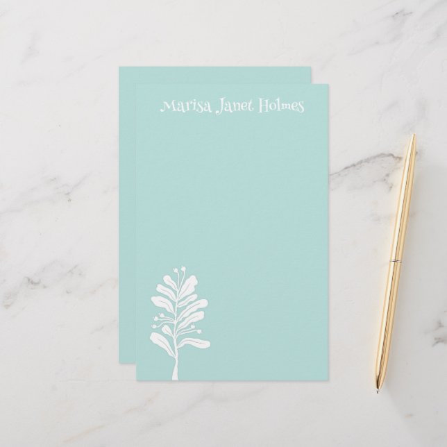 White Plant Flower Minimal Botanical Illustration Stationery (Front/Back In Situ)