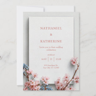 White Plaster Minimalist Sakura Frame Wedding Invitation
