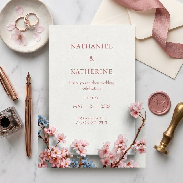 White Plaster Minimalist Sakura Frame Wedding Invitation (Creator Uploaded)