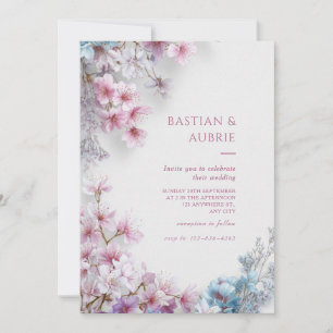 White Plaster Pink Sakura Botanical Border Wedding Invitation