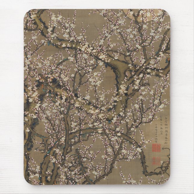 White Plum Blossoms and Moon by Ito Jakuchu Mouse Mat (Front)