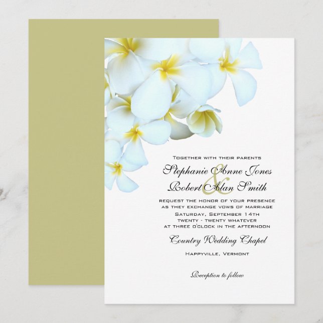 White Plumeria Beach Wedding Invitations (Front/Back)