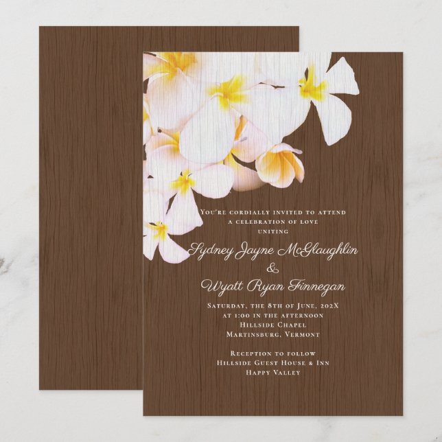 White Plumeria Brown Wood Hawaiian Wedding Invitation (Front/Back)