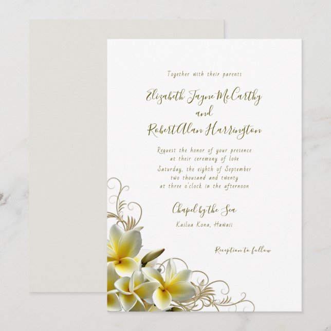 White Plumeria Custom Island Wedding Invitation (Front/Back)