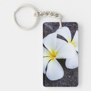 White Plumeria Flower Frangipani Floral Lava Rock Key Ring