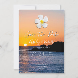 White Plumeria Flower Golden Sunset, Save the Date Invitation