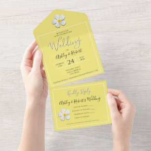 White Plumeria Flower on Yellow, Modern Wedding All In One Invitation