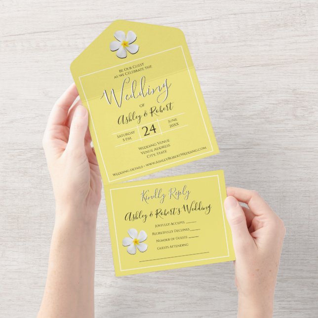 White Plumeria Flower on Yellow, Modern Wedding All In One Invitation (Tearaway)
