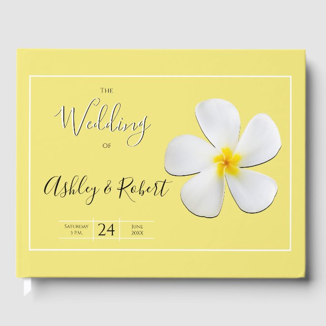 White Plumeria Flower on Yellow, Modern Wedding Guest Book (Front)