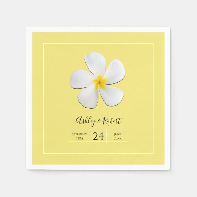 White Plumeria Flower on Yellow, Modern Wedding Napkin (Front)