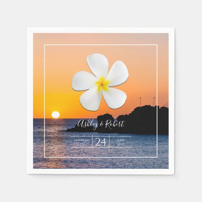 White Plumeria Flower with Golden Sunset, Napkin (Front)