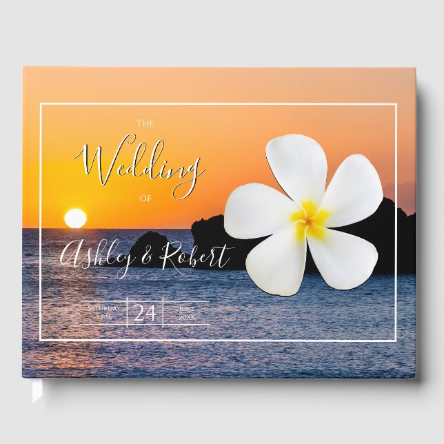 White Plumeria Flower with Golden Sunset, Wedding Guest Book (Front)