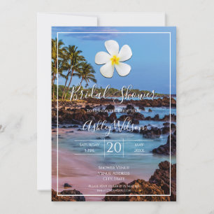 White Plumeria Flower with Tropical Beach, Bridal Invitation