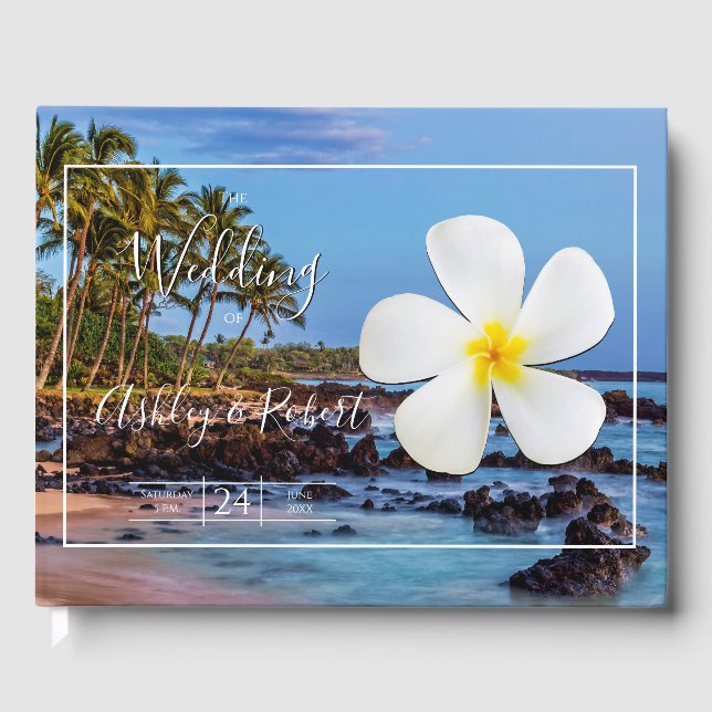 White Plumeria Flower with Tropical Beach, Wedding Guest Book (Front)