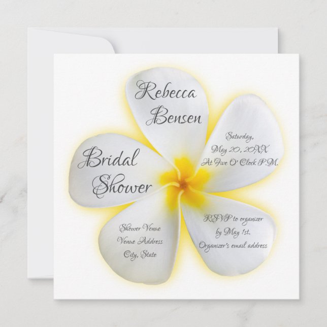 White Plumeria Flower, Yellow, Bridal Shower, Invitation (Front)