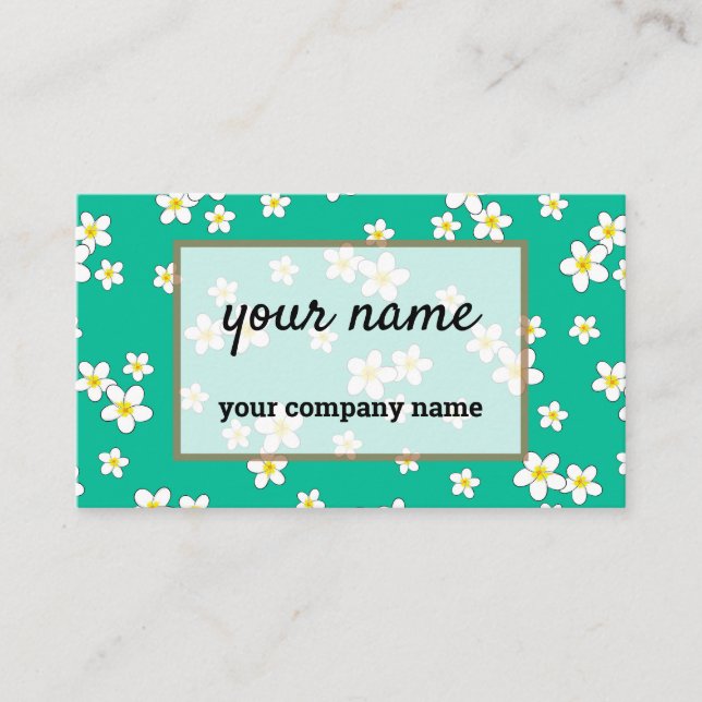 White Plumeria flowers on mint green background Business Card (Front)
