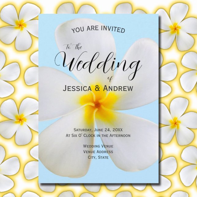 White Plumeria on Blue, Tropical, Floral Wedding Invitation (Creator Uploaded)