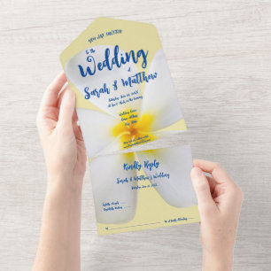 White Plumeria on Yellow, Tropical, Floral Wedding All In One Invitation