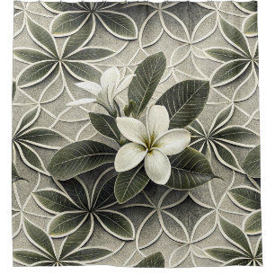 White Plumeria Sage Green Botanical Tile Shower Curtain