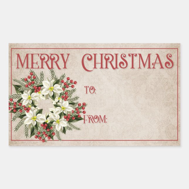 White Poinsetta Wreath | Merry Christmas Rectangular Sticker (Front)