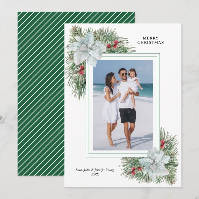 White Poinsettia and Pines Christmas Photo Holiday Card (Front/Back)