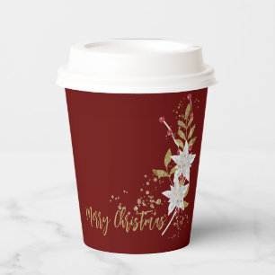 White Poinsettia Burgundy Gold Glitter Traditional Paper Cups