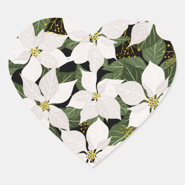 White Poinsettia Christmas Floral Heart Sticker (Front)