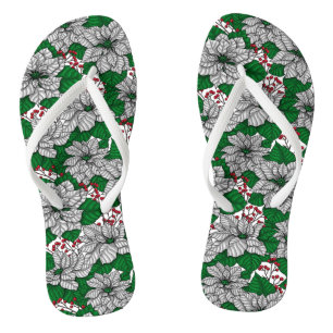 White poinsettia, Christmas pattern Flip Flops